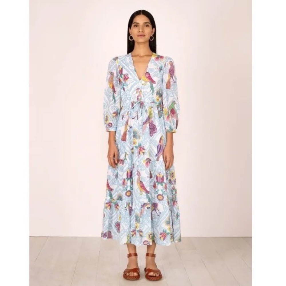 Banjanan Maxi Dress Women's Folk Floral Sky Bird Print Long Sleeve V Neck XS